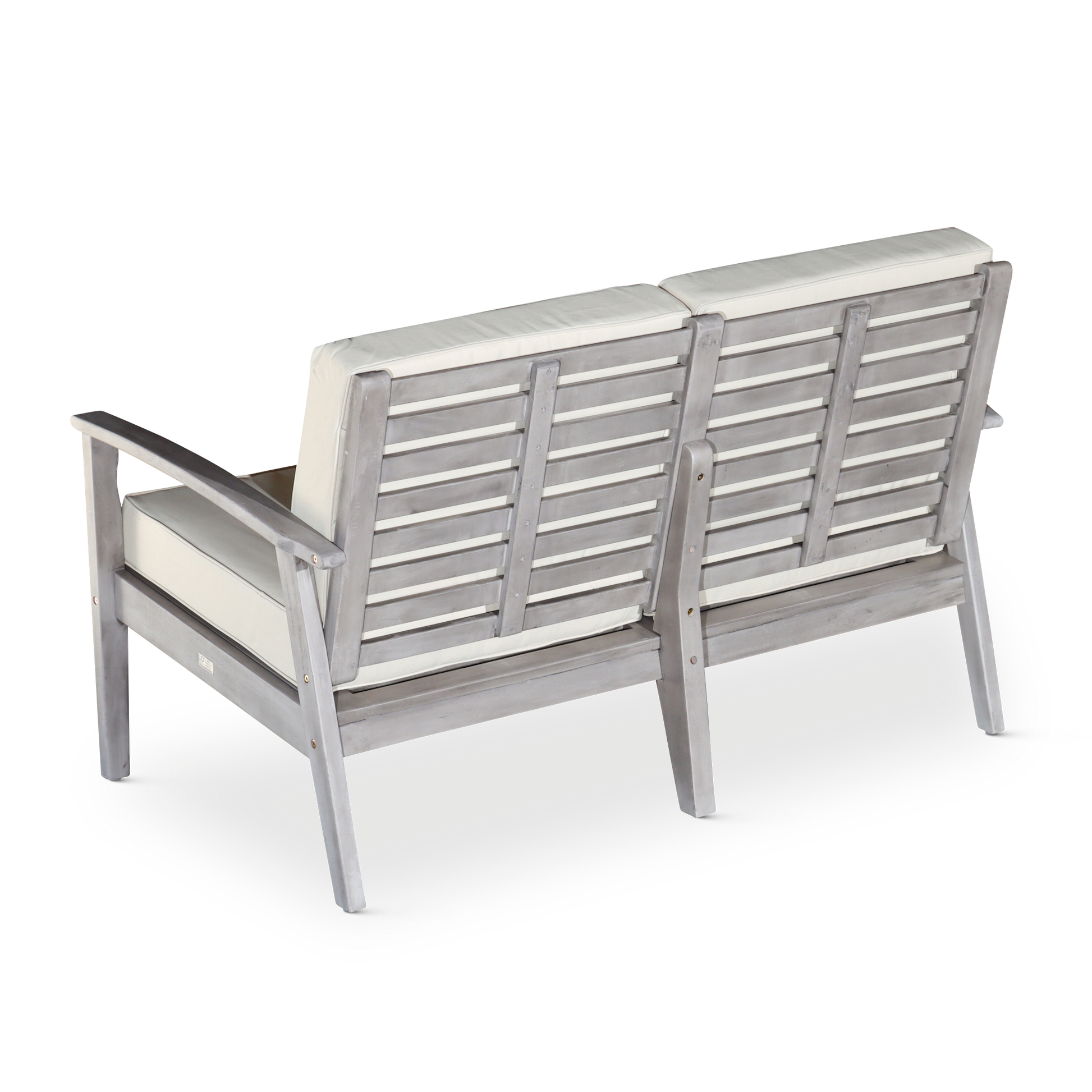 Eucalyptus Loveseat With Cushions, Silver Gray Finish, Burdy Cushions Silver Grey Eucalyptus