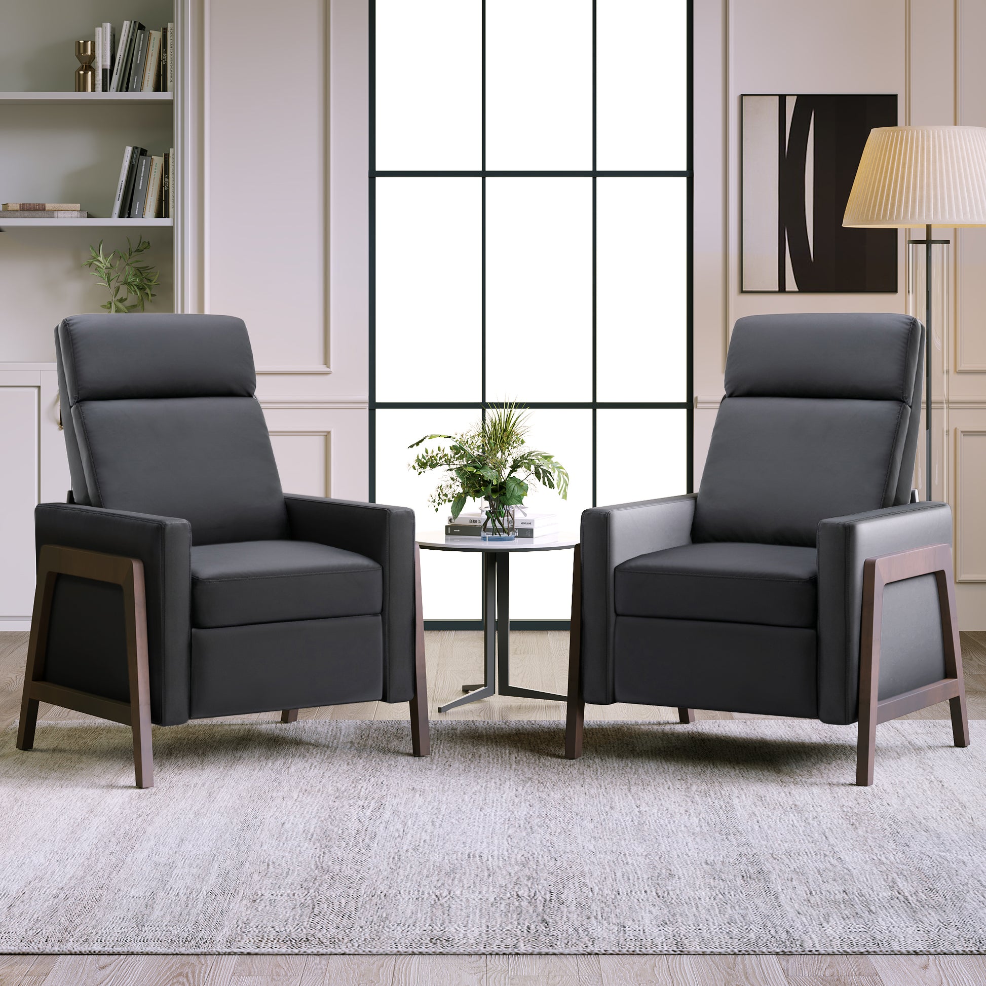 Set Of Two Wood Framed Pu Leather Recliner Chair Adjustable Home Theater Seating With Thick Seat Cushion And Backrest Modern Living Room Recliners, Black Black Pu Pu