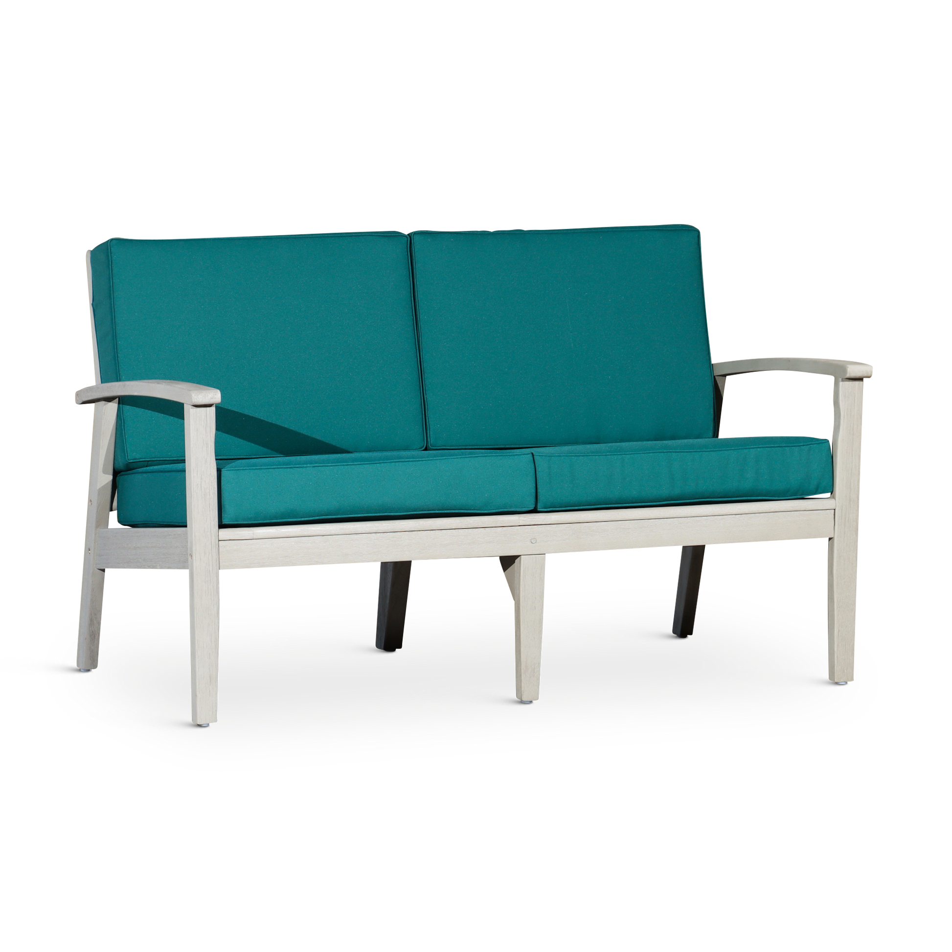 Eucalyptus Loveseat With Cushions, Driftwood Gray Finish, Dark Green Cushions Gray Eucalyptus