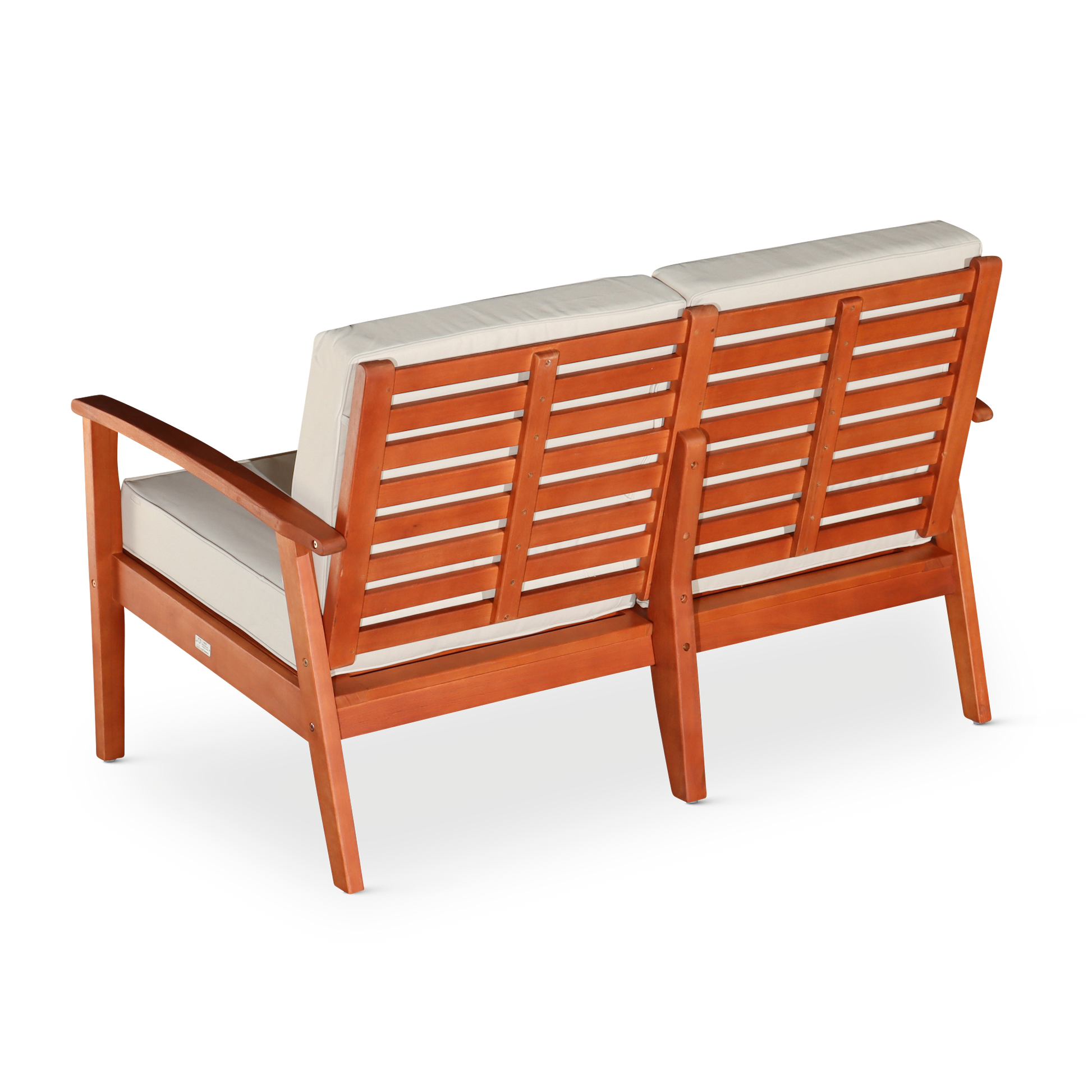 Eucalyptus Loveseat With Cushions, Natural Oil Finish, Navy Cushions Natural Eucalyptus