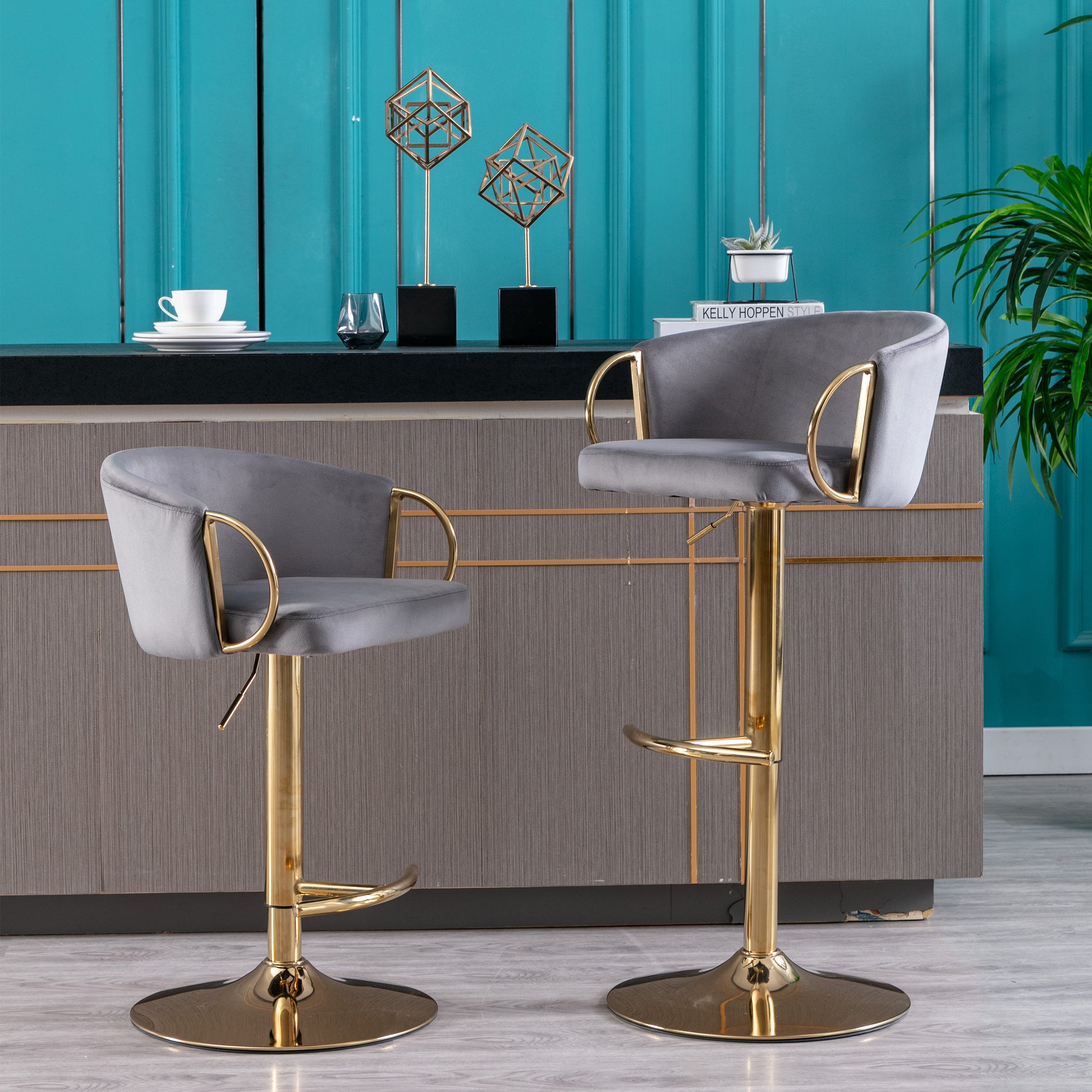 Set Of 2 Bar Stools,With Chrome Footrest And Base Swivel Height Adjustable Mechanical Lifting Velvet Golden Leg Simple Bar Stool Grey Grey Foam Fabric