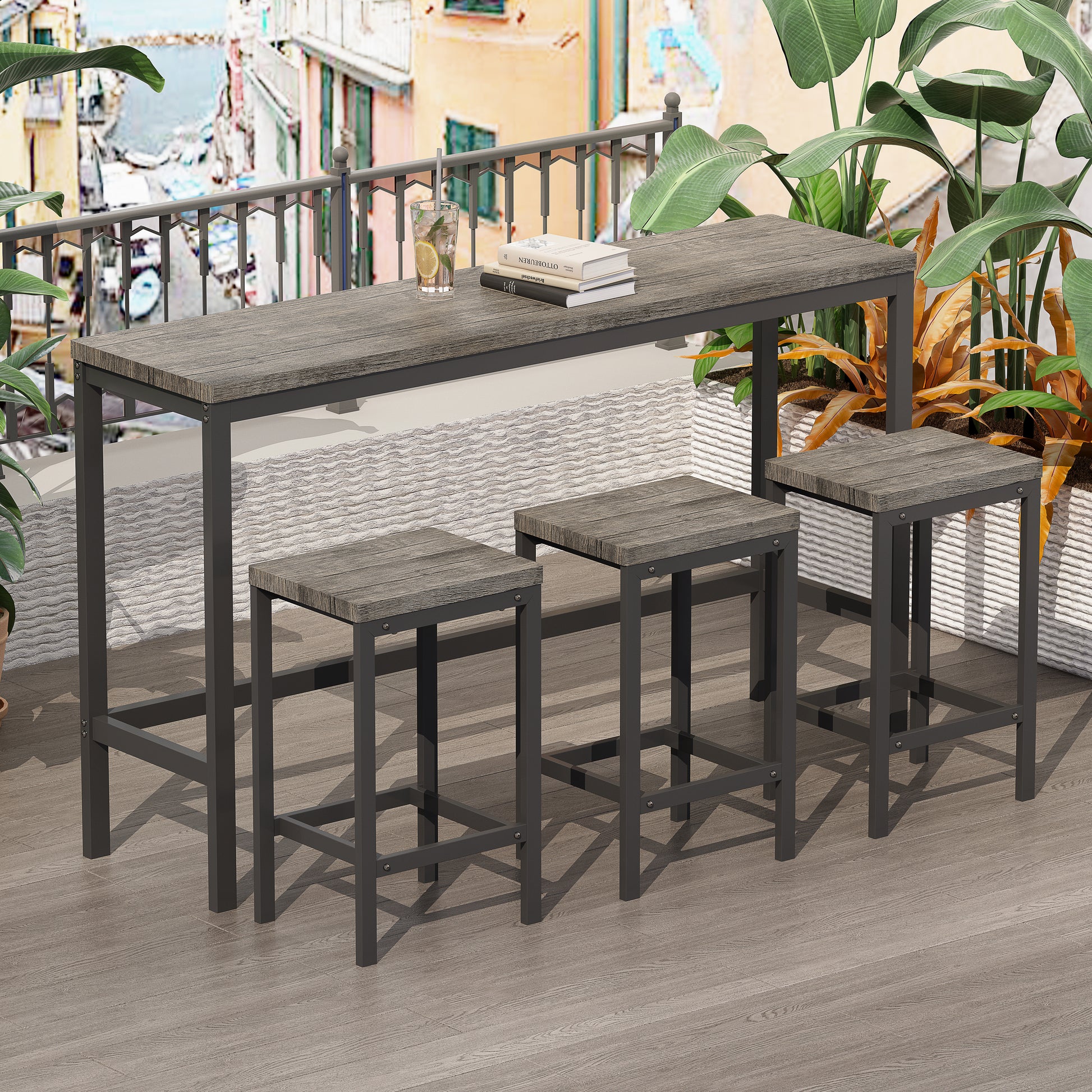 Modern Design Kitchen Dining Table, Pub Table, Long Dining Table Set With 3 Stools, Easy Assembly, Brown Gray Same Sku:W75753849 Brown Gray Mdf