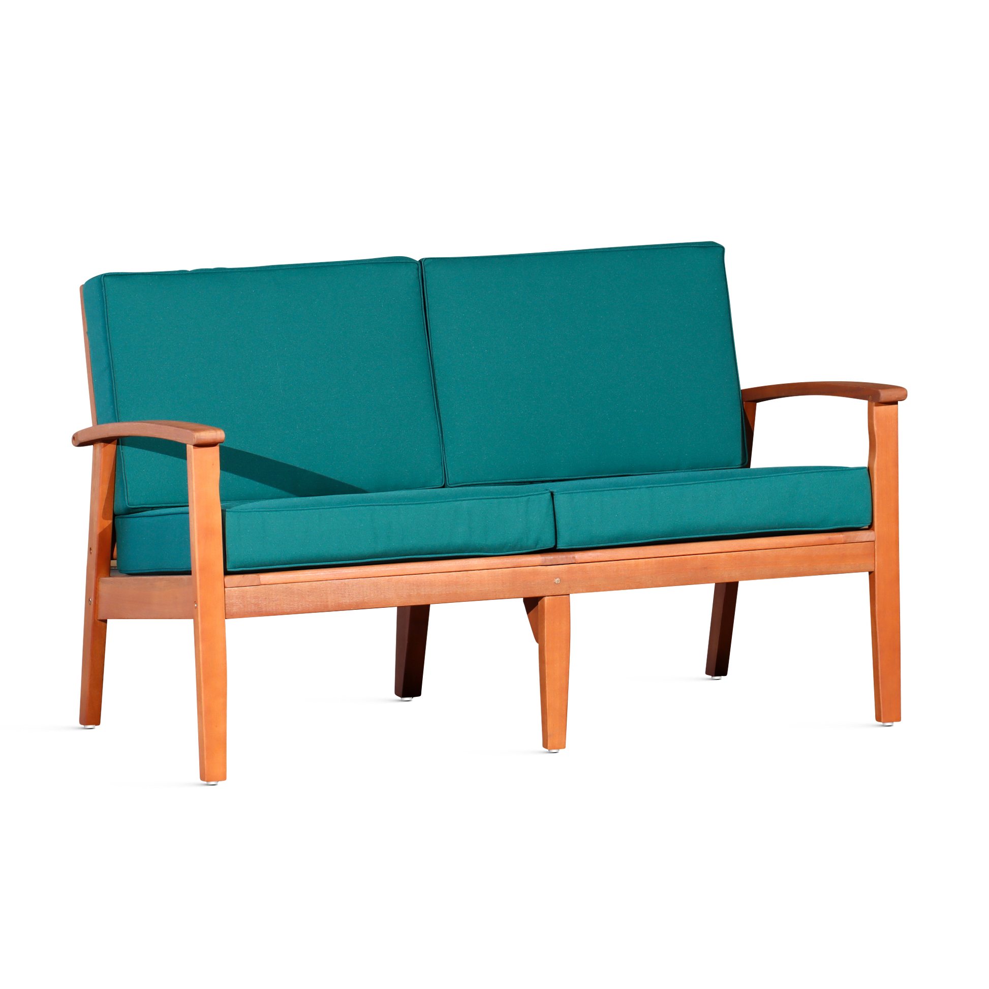 Eucalyptus Loveseat With Cushions, Natural Oil Finish, Dark Green Cushions Natural Eucalyptus