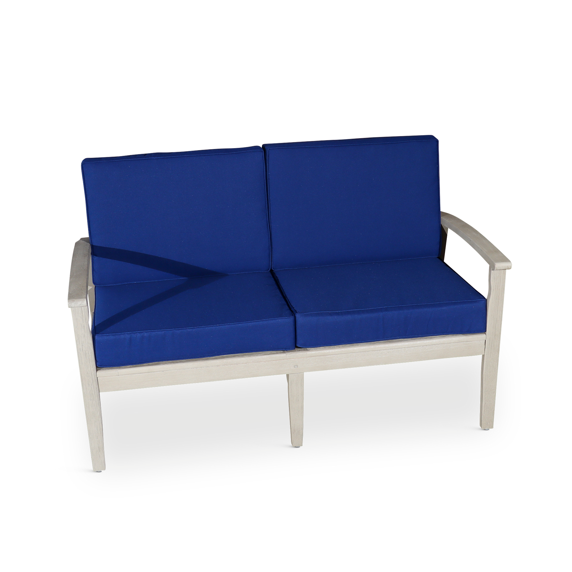 Eucalyptus Loveseat With Cushions, Driftwood Gray Finish, Navy Cushions Gray Eucalyptus