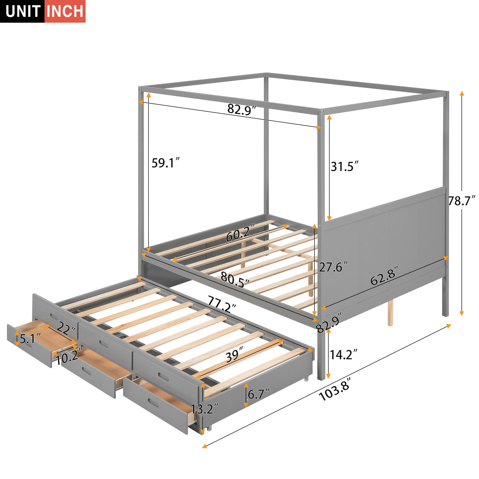 Queen Size Canopy Platform Bed With Twin Size Trundle And Three Storage Drawers,Gray Gray Pine