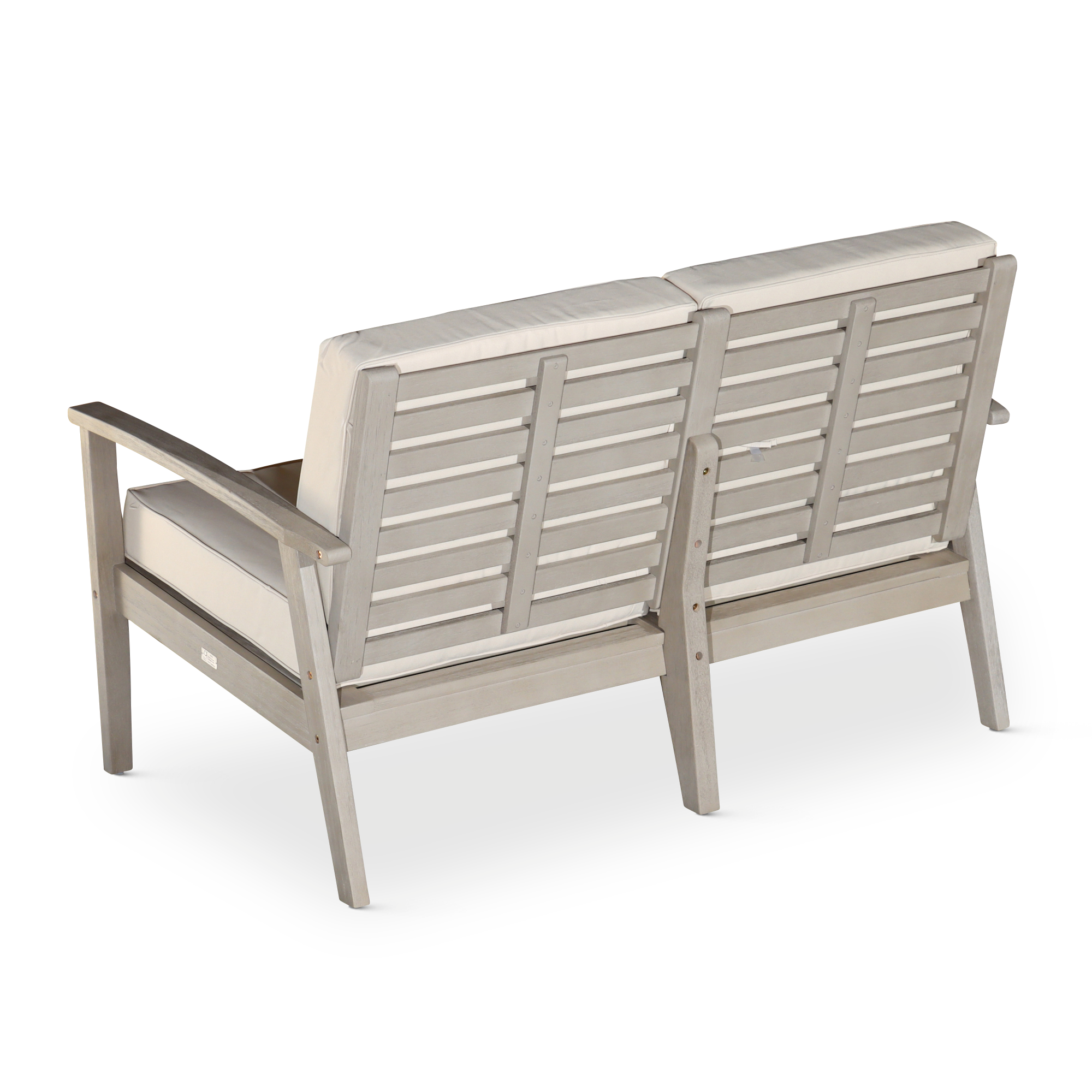 Eucalyptus Loveseat With Cushions, Driftwood Gray Finish, Navy Cushions Gray Eucalyptus