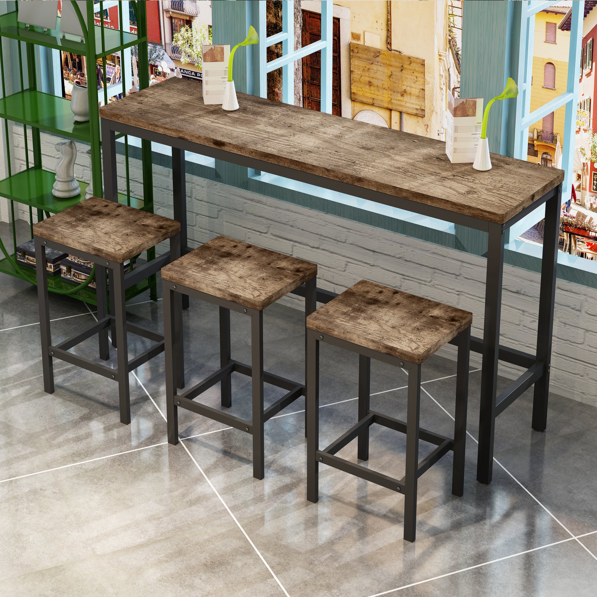 Long Dining Table Set With 3 Stools, Easy Assembly, Natural Same Sku:W75753848 Natural Mdf Metal