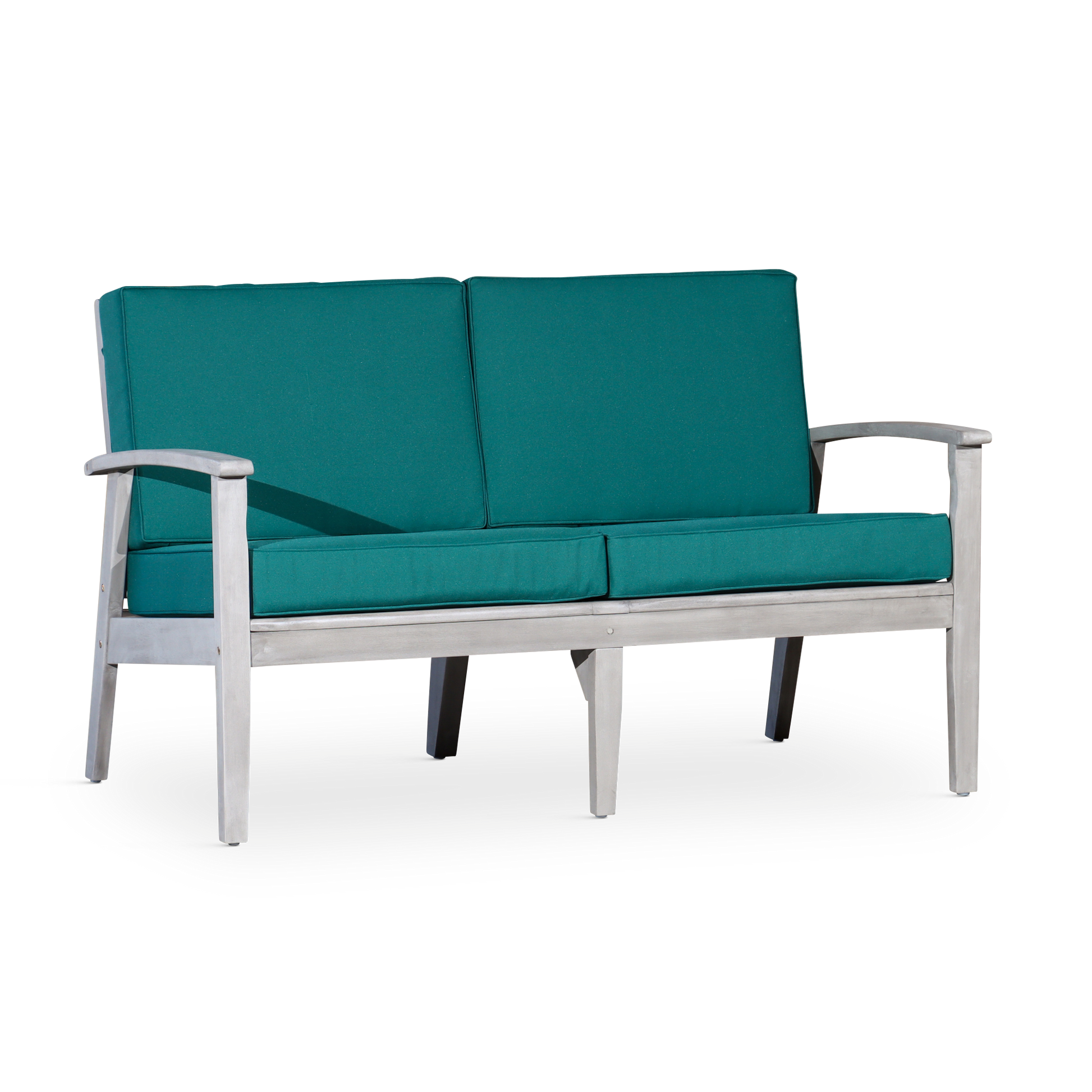 Eucalyptus Loveseat With Cushions, Silver Gray Finish, Dark Green Cushions Silver Grey Eucalyptus