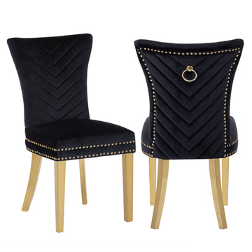 Eva 2 Piece Gold Legs Dining Chairs Finished With Velvet Fabric In Black Black Bedroom Contemporary,Modern Accent Chairs Acacia Solid Wood Mdf Stainless Steel