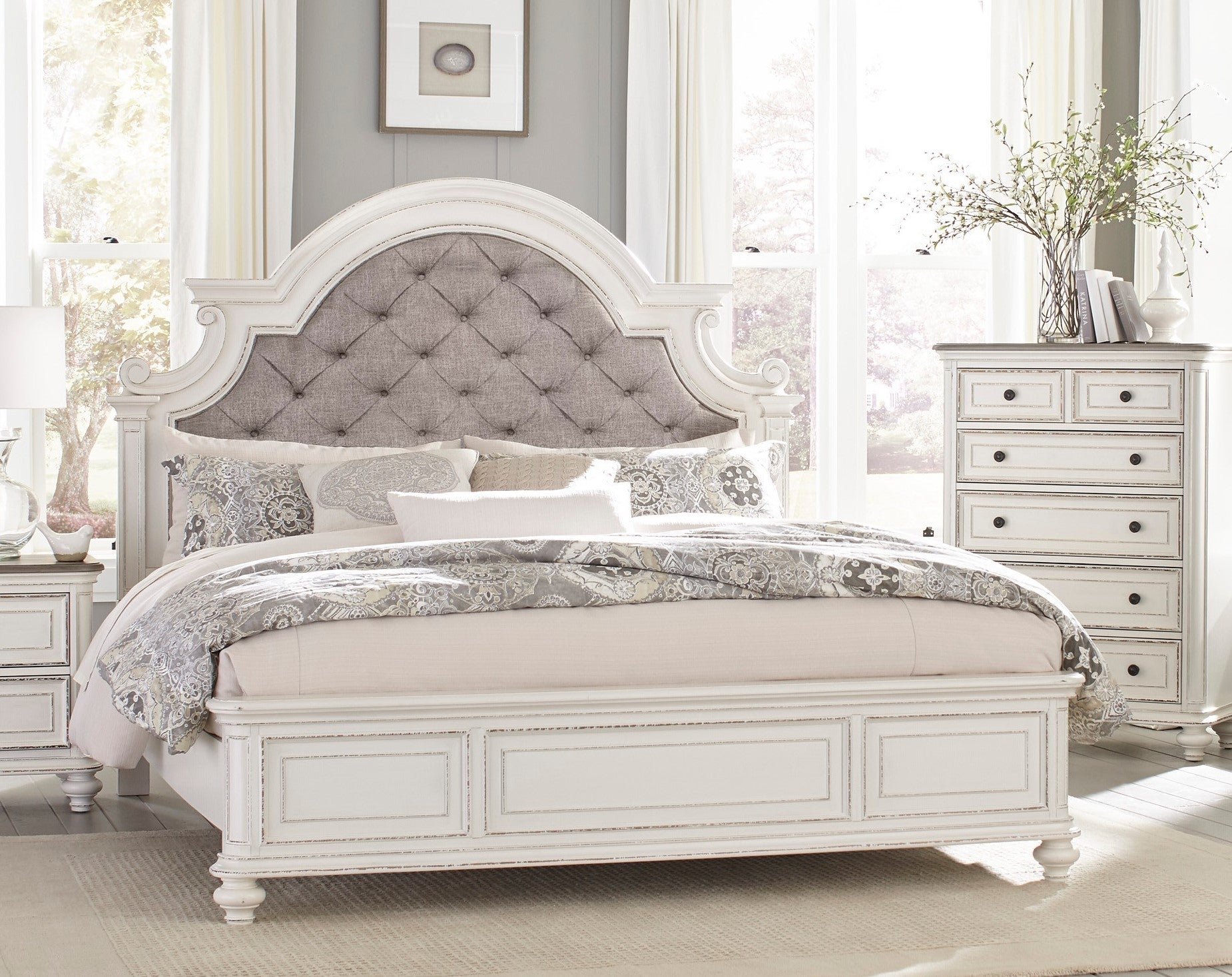 Antique White Finish 1Pc Queen Size Bed Button Tufted Upholstered Headboard Traditional Design Bedroom Furniture Queen Antique White Bedroom Traditional Wood