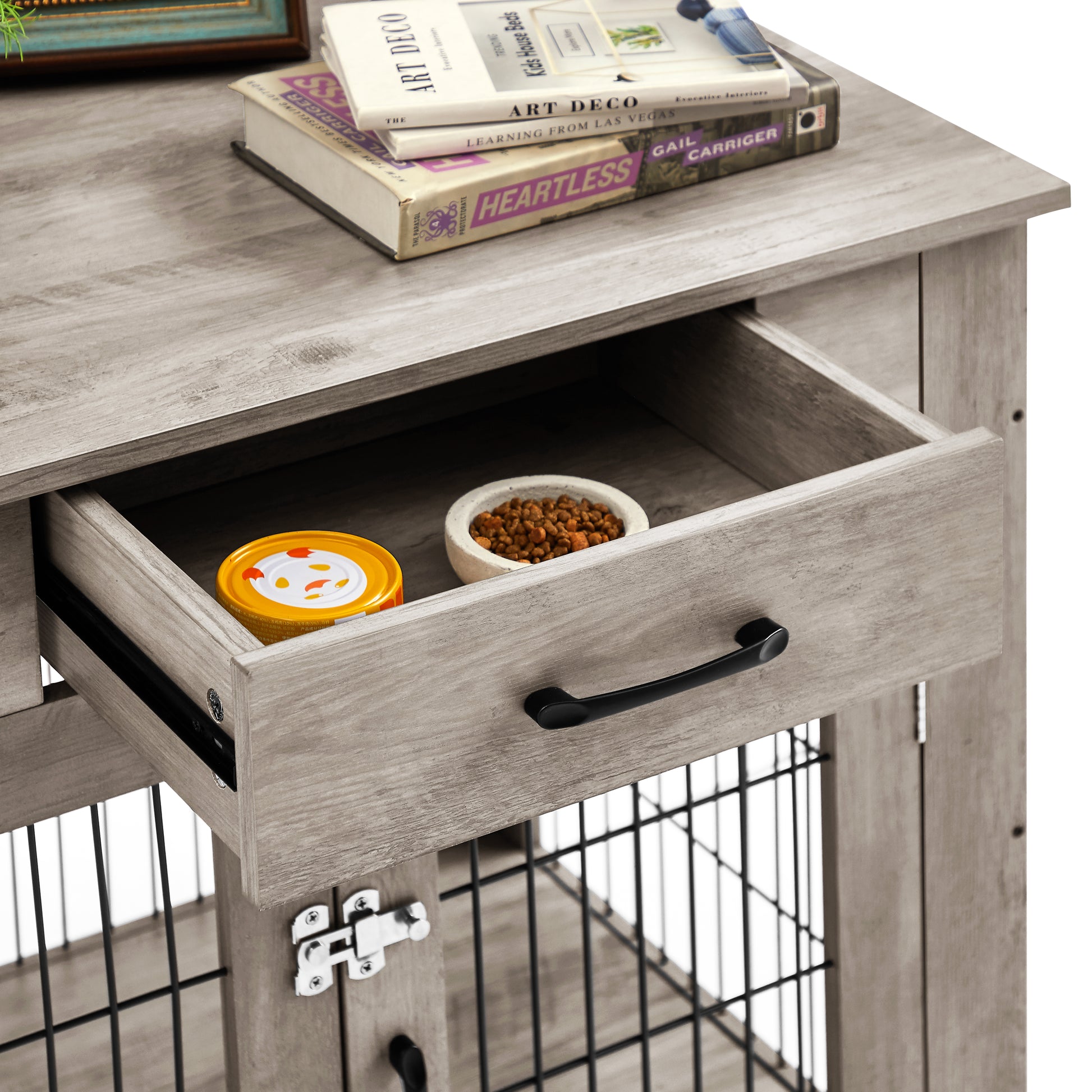 Furniture Style Dog Crate End Table With Drawer, Pet Kennels With Double Doors, Dog House Indoor Use, Grey, 29.9'' W X 24.8'' D X 30.71'' H. Gray Particle Board