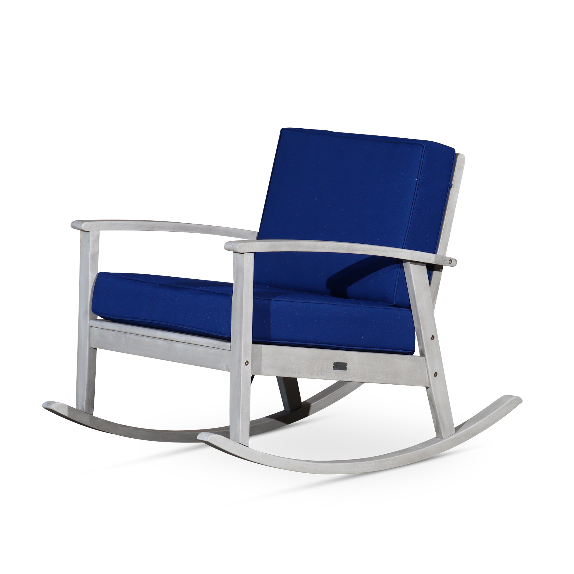 Eucalyptus Rocking Chair With Cushions, Silver Gray Finish, Navy Cushions Silver Grey Eucalyptus