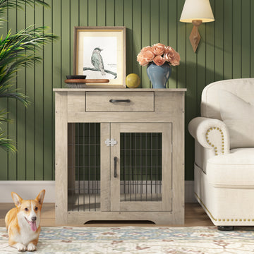 Furniture Style Dog Crate End Table With Drawer, Pet Kennels With Double Doors, Dog House Indoor Use, Grey, 29.9'' W X 24.8'' D X 30.71'' H. Gray Particle Board