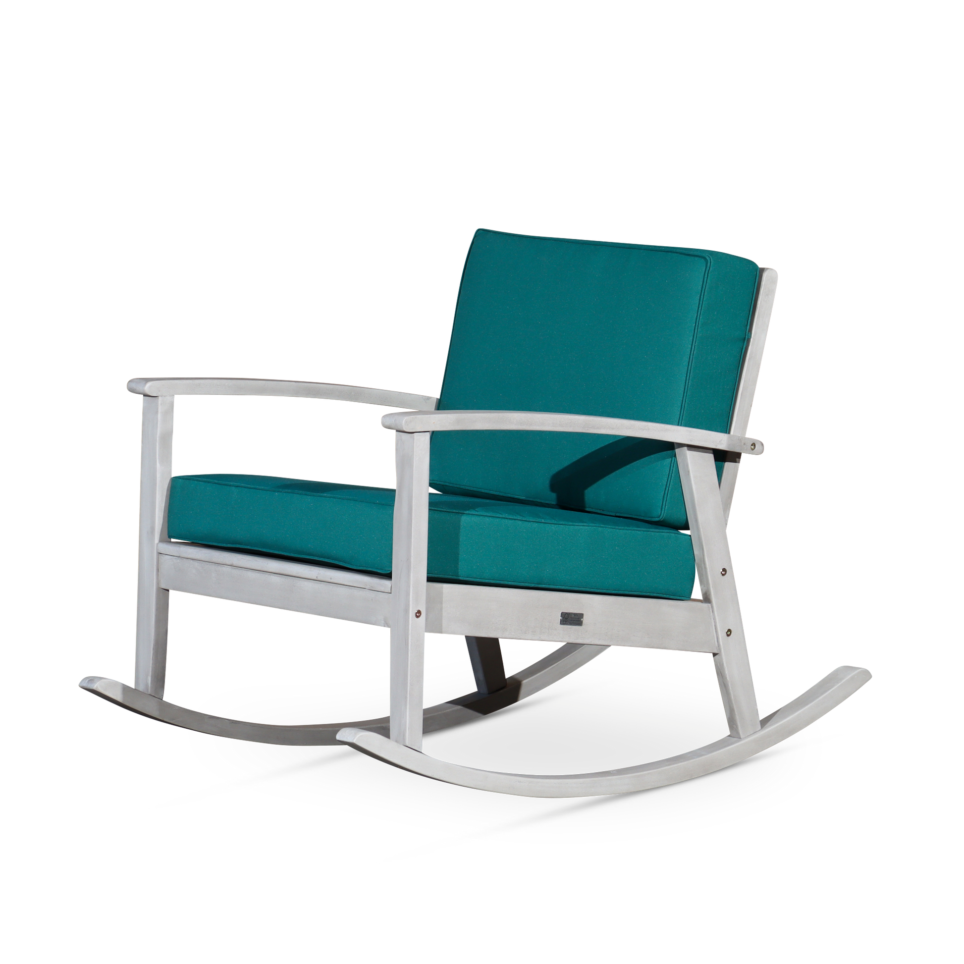 Eucalyptus Rocking Chair With Cushions, Silver Gray Finish, Dark Green Cushions Silver Grey Eucalyptus