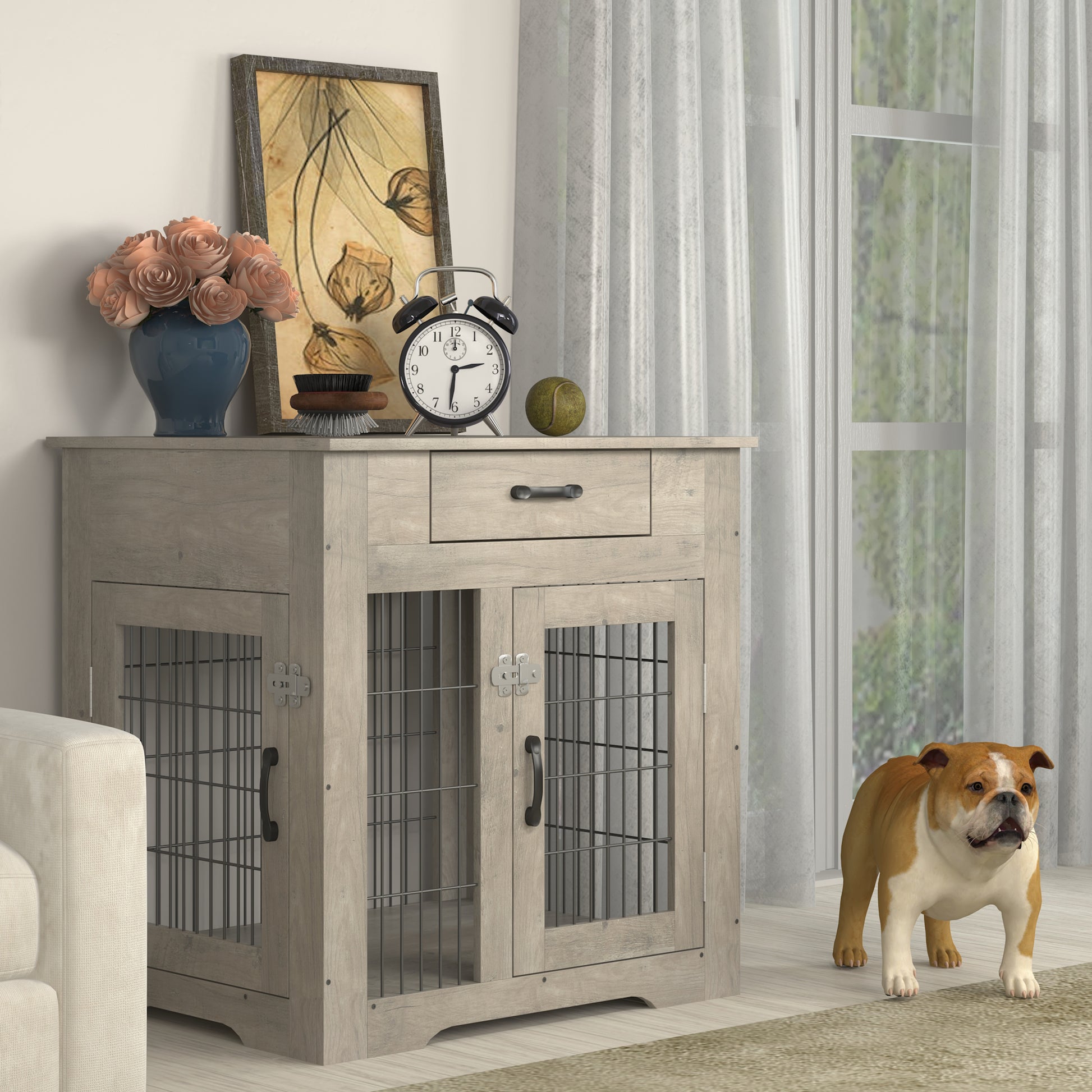 Furniture Style Dog Crate End Table With Drawer, Pet Kennels With Double Doors, Dog House Indoor Use, Grey, 29.9'' W X 24.8'' D X 30.71'' H. Gray Particle Board