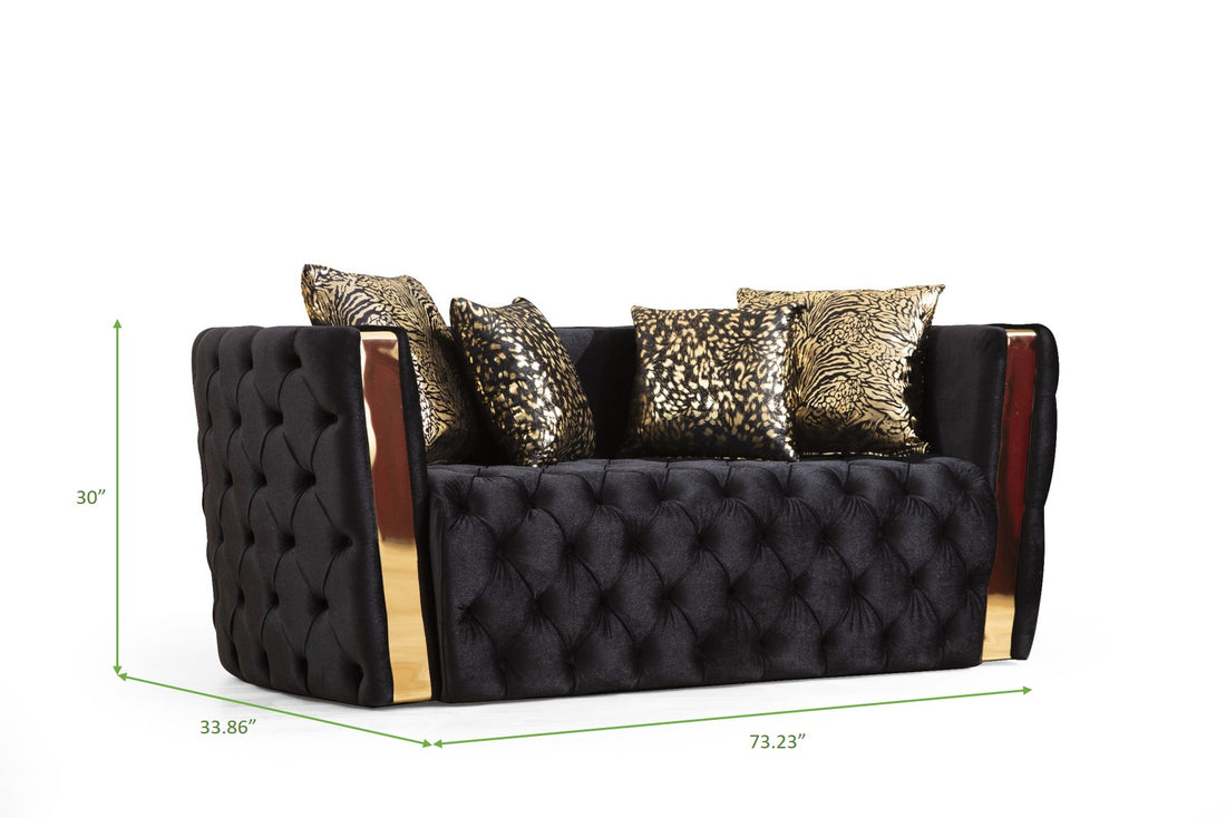Button Tufted 2 Pc Sofa Set With Velvet Fabric And Gold Accent In Black Black Velvet 5 Seat