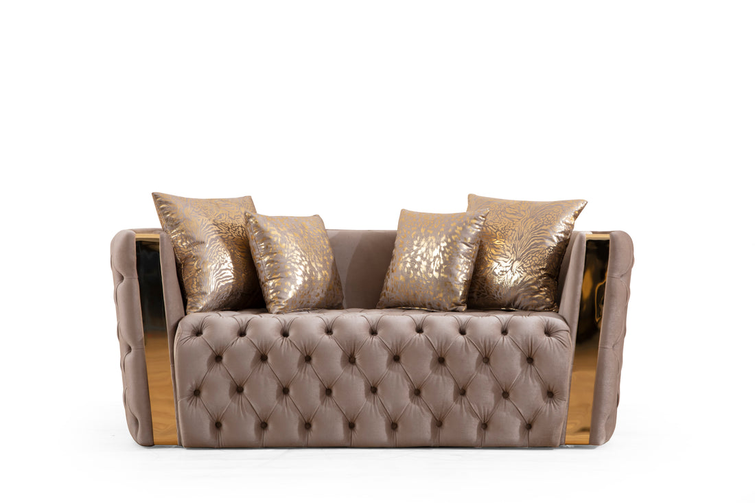 Naomi Button Tufted Loveseat With Velvet Fabric And Gold Accent In Taupe Taupe Velvet