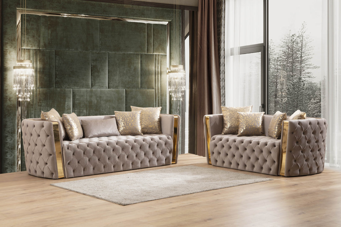 Naomi Button Tufted 2 Pc Set With Velvet Fabric And Gold Accent In Taupe Taupe Velvet 5 Seat