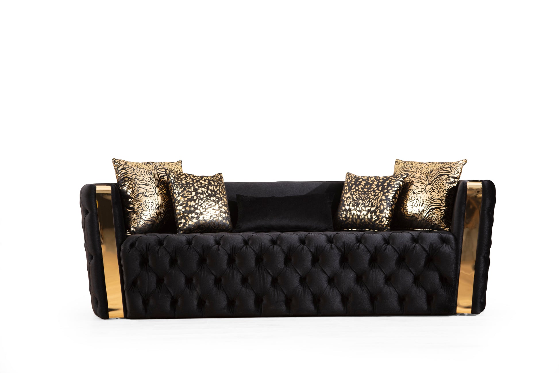 Naomi Button Tufted Sofa Finished With Velvet Fabric And Gold Accent In Black Black Velvet Wood Primary Living Space Firm Tight Back Contemporary,Modern Solid Wood Mdf Velvet 3 Seat