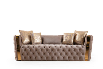 Naomi Button Tufted Sofa With Velvet Fabric And Gold Accent In Taupe Taupe Velvet Wood Primary Living Space Firm Tufted Back Contemporary,Modern Solid Wood Mdf Velvet 3 Seat