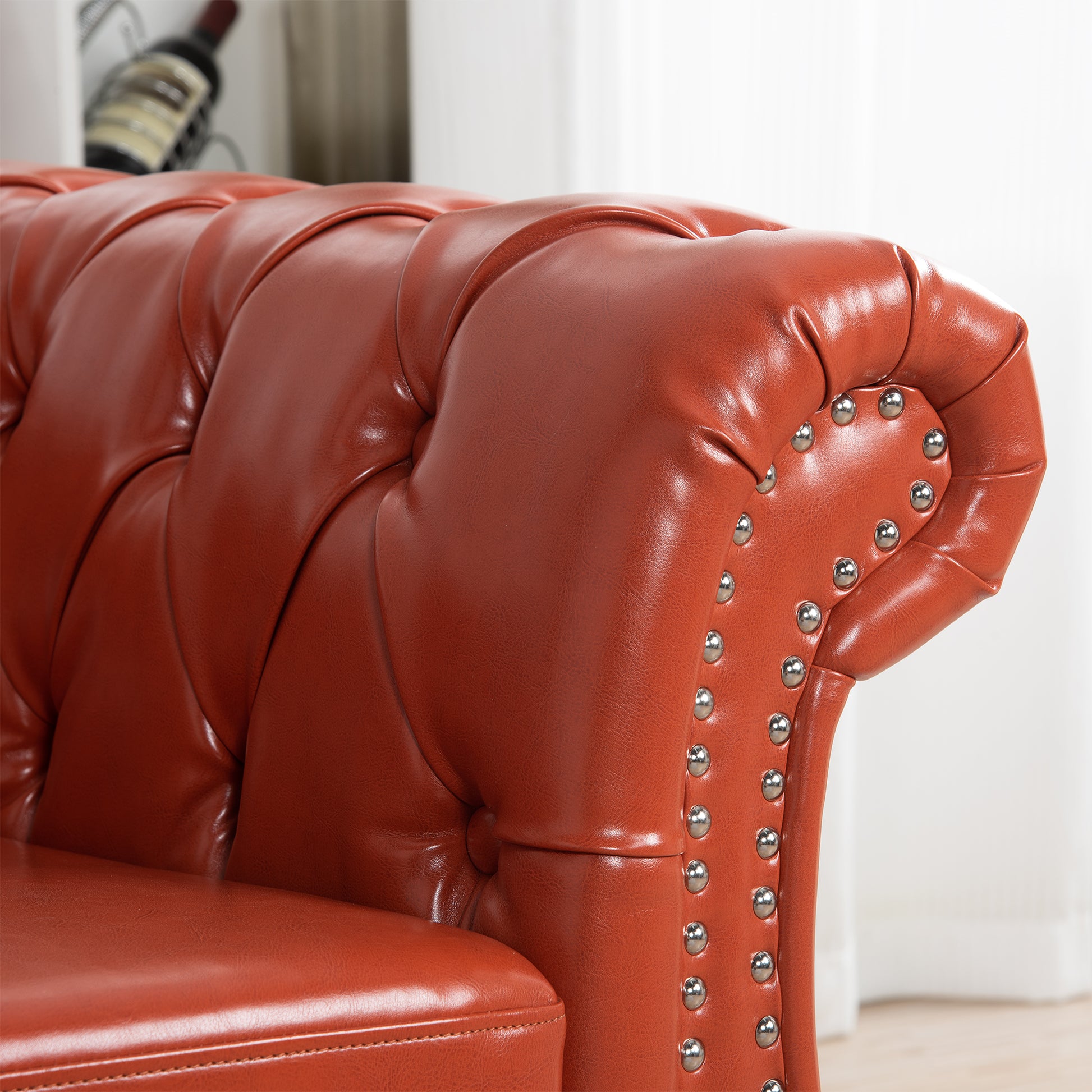 84.65" Rolled Arm Chesterfield 3 Seater Sofa Orange Pu