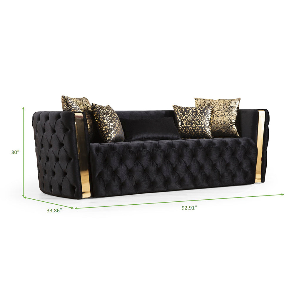 Button Tufted 2 Pc Sofa Set With Velvet Fabric And Gold Accent In Black Black Velvet 5 Seat