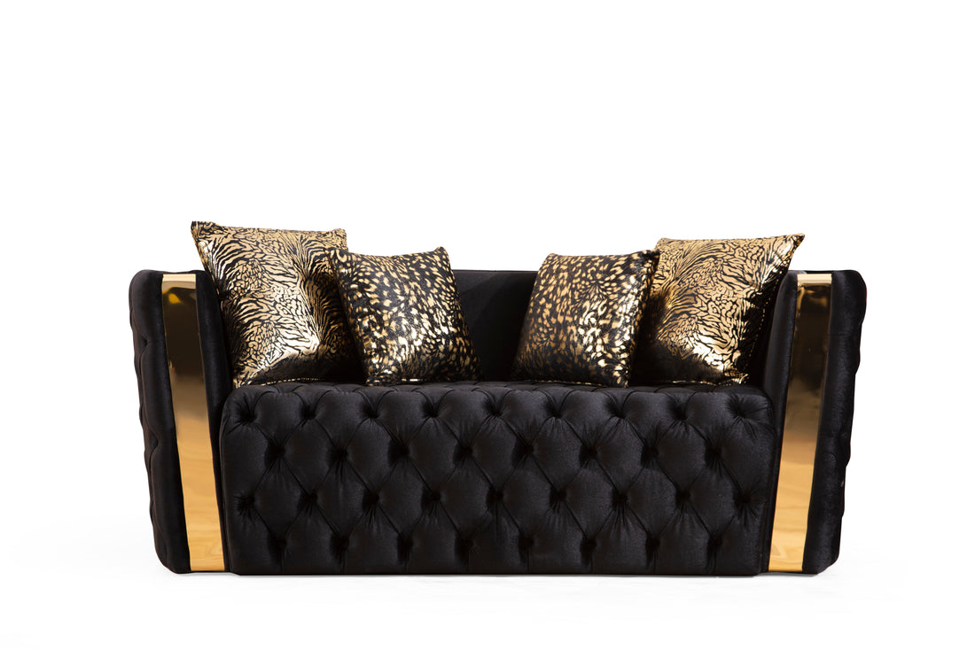 Naomi Button Tufted Loveseat With Velvet Fabric And Gold Accent In Black Black Velvet Wood Bedroom Firm Tight Back Contemporary,Modern Solid Wood Mdf Velvet