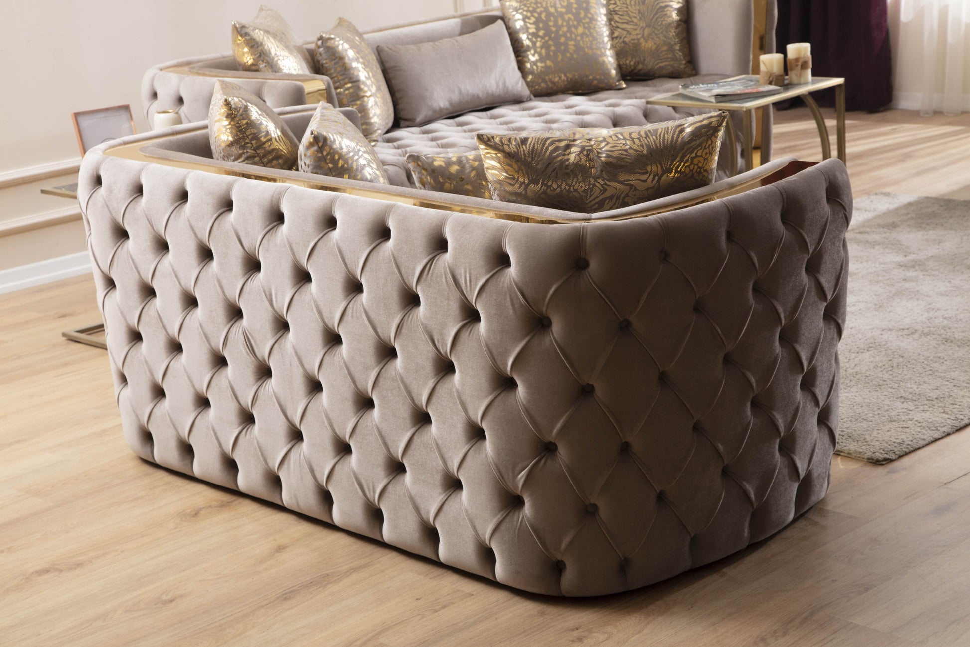 Naomi Button Tufted Loveseat With Velvet Fabric And Gold Accent In Taupe Taupe Velvet