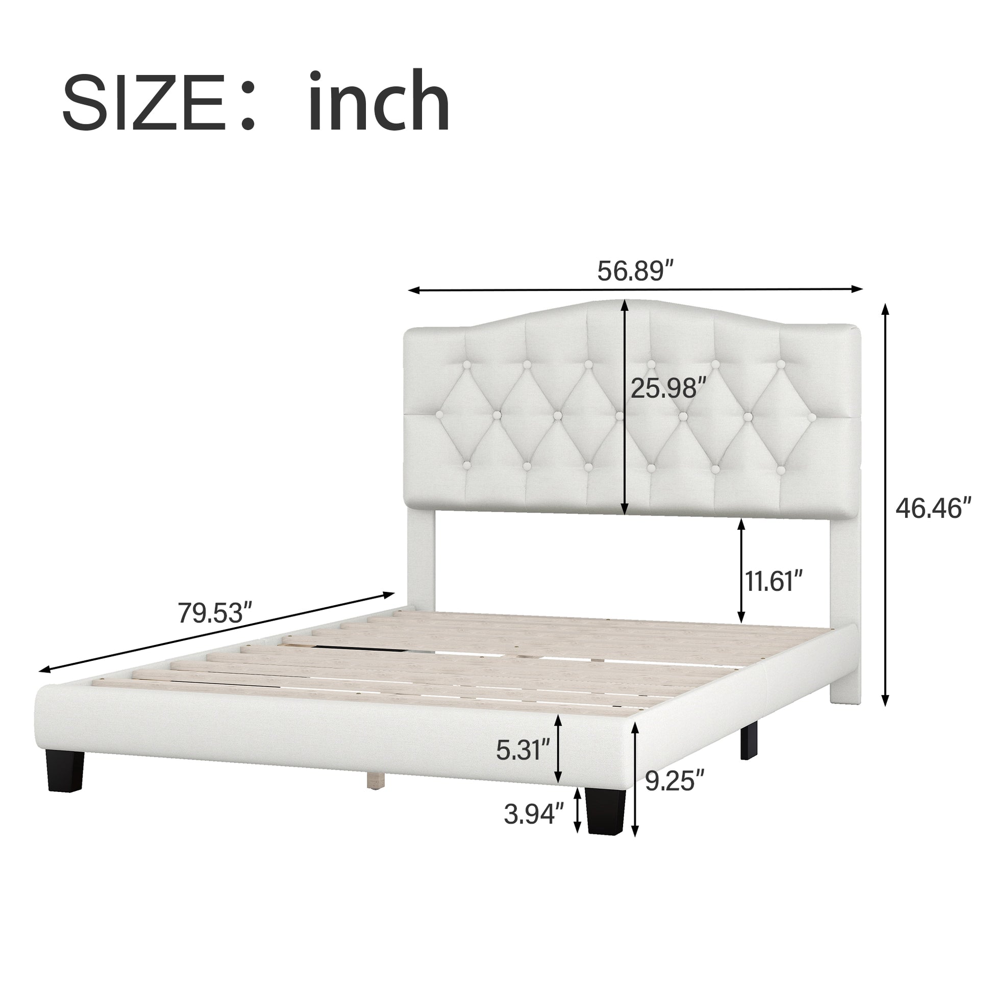 Upholstered Platform Bed With Saddle Curved Headboard And Diamond Tufted Details, Full, Beige Beige Linen