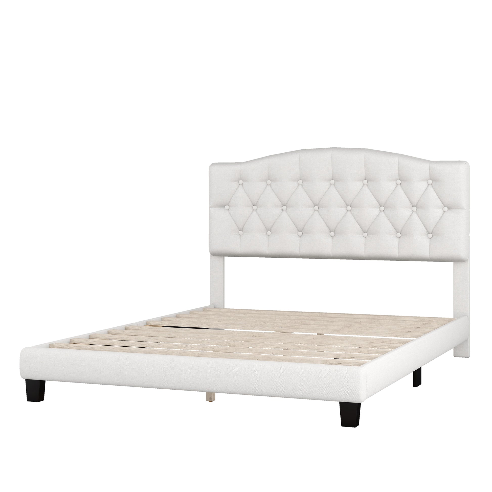 Upholstered Platform Bed With Saddle Curved Headboard And Diamond Tufted Details, Queen, Beige Beige Linen