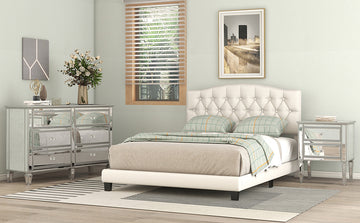 Upholstered Platform Bed With Saddle Curved Headboard And Diamond Tufted Details, Queen, Beige Beige Linen