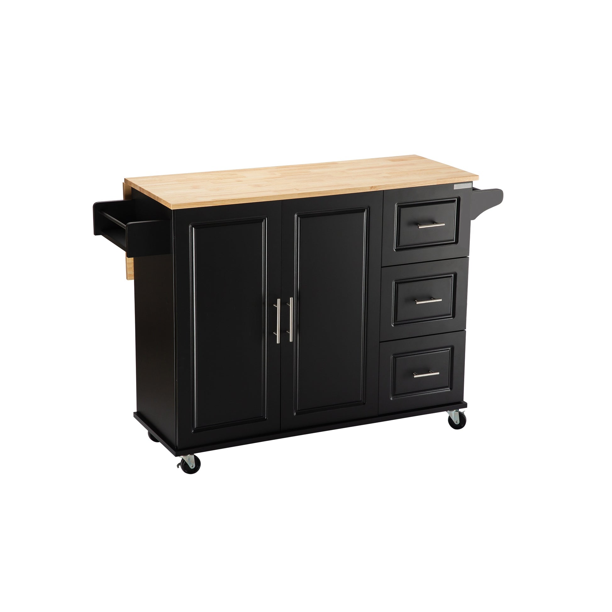 Kitchen Island & Kitchen Cart, Mobile Kitehcn Island With Extensible Rubber Wood Table Top,Adjustable Shelf Inside Cabinet For Different Utensils, 3 Big Drawers, With Spice Rack, Towel Rack, Black Bee Black Mdf