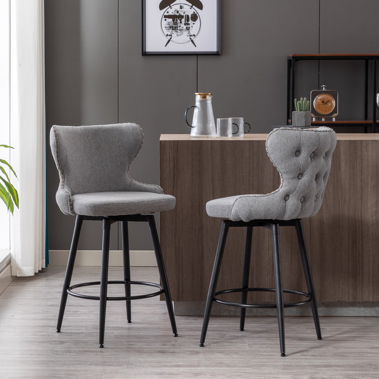 Counter Height 25" Modern Linen Fabric Counter Chairs,180 Swivel Bar Stool Chair For Kitchen,Tufted Cupreous Trim Burlap Bar Stools With Metal Legs,Set Of 2 Gray Gray Foam Fabric