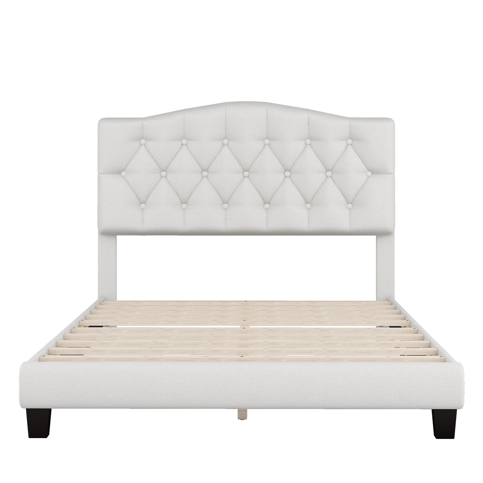 Upholstered Platform Bed With Saddle Curved Headboard And Diamond Tufted Details, Full, Beige Beige Linen