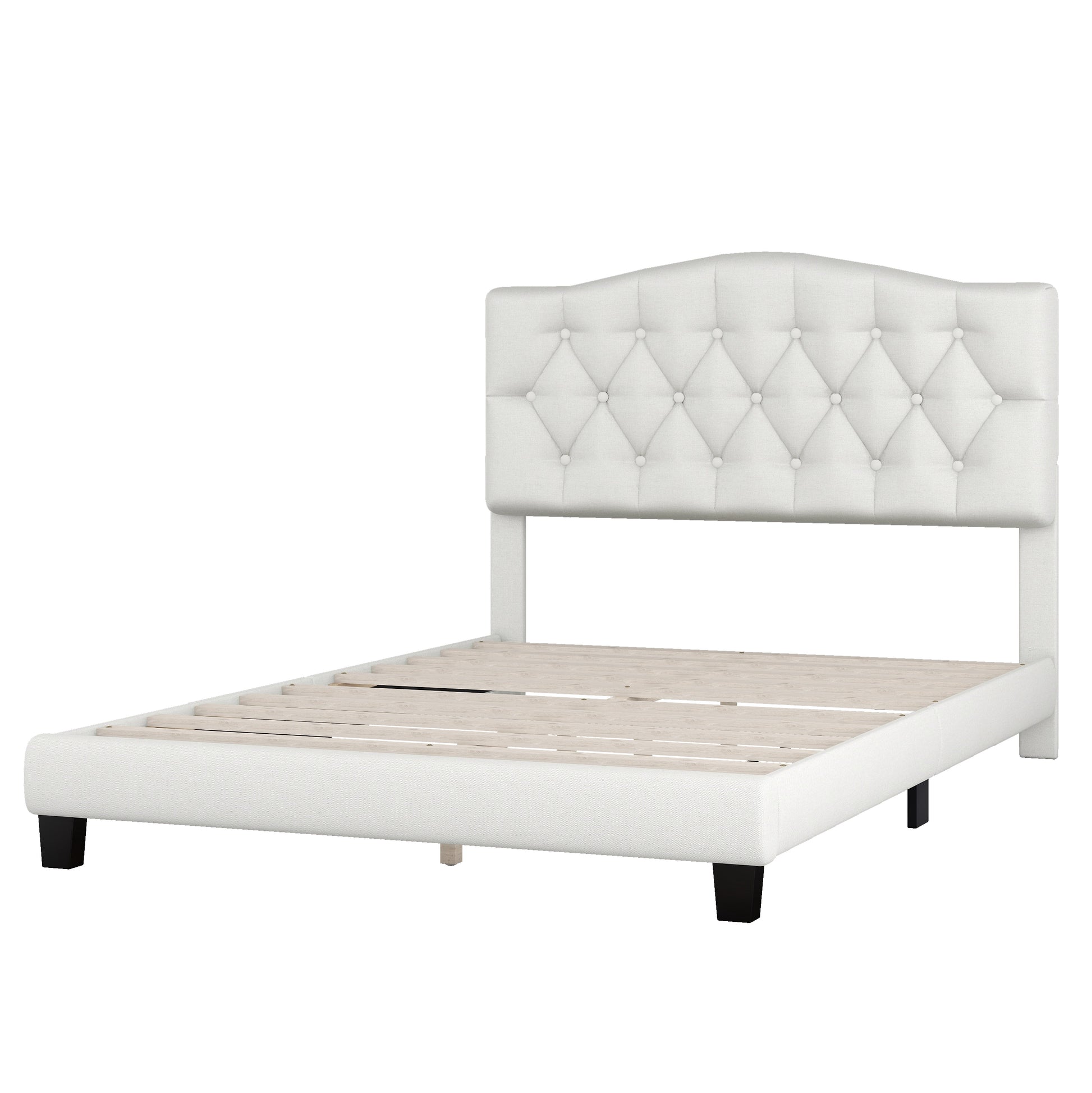 Upholstered Platform Bed With Saddle Curved Headboard And Diamond Tufted Details, Full, Beige Beige Linen