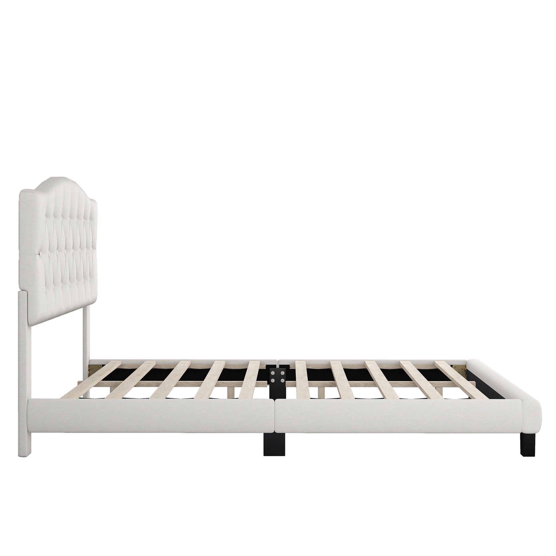 Upholstered Platform Bed With Saddle Curved Headboard And Diamond Tufted Details, Queen, Beige Beige Linen