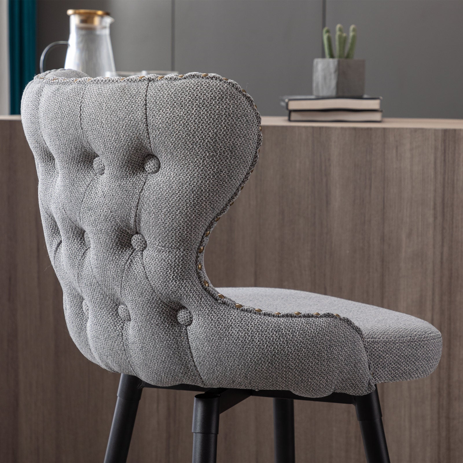 Counter Height 25" Modern Linen Fabric Counter Chairs,180 Swivel Bar Stool Chair For Kitchen,Tufted Cupreous Trim Burlap Bar Stools With Metal Legs,Set Of 2 Gray Gray Foam Fabric