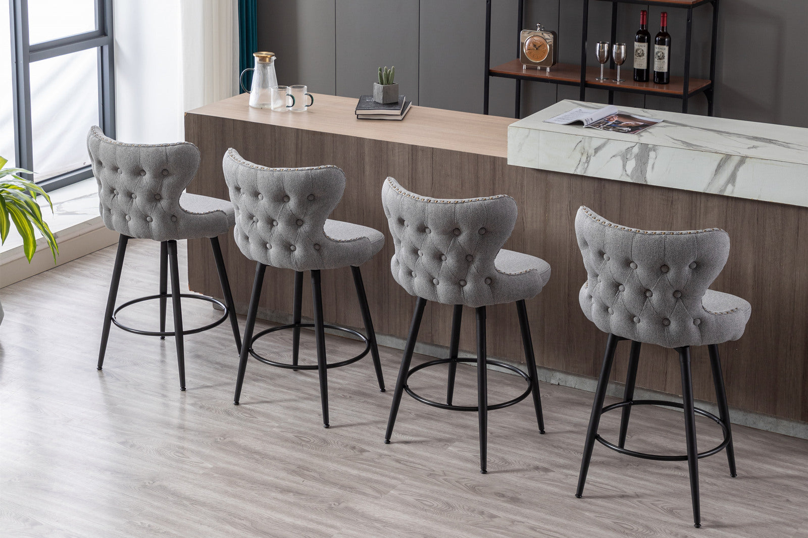 Counter Height 25" Modern Linen Fabric Counter Chairs,180 Swivel Bar Stool Chair For Kitchen,Tufted Cupreous Trim Burlap Bar Stools With Metal Legs,Set Of 2 Gray Gray Foam Fabric