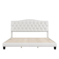 Upholstered Platform Bed With Saddle Curved Headboard And Diamond Tufted Details, King, Beige Beige Linen