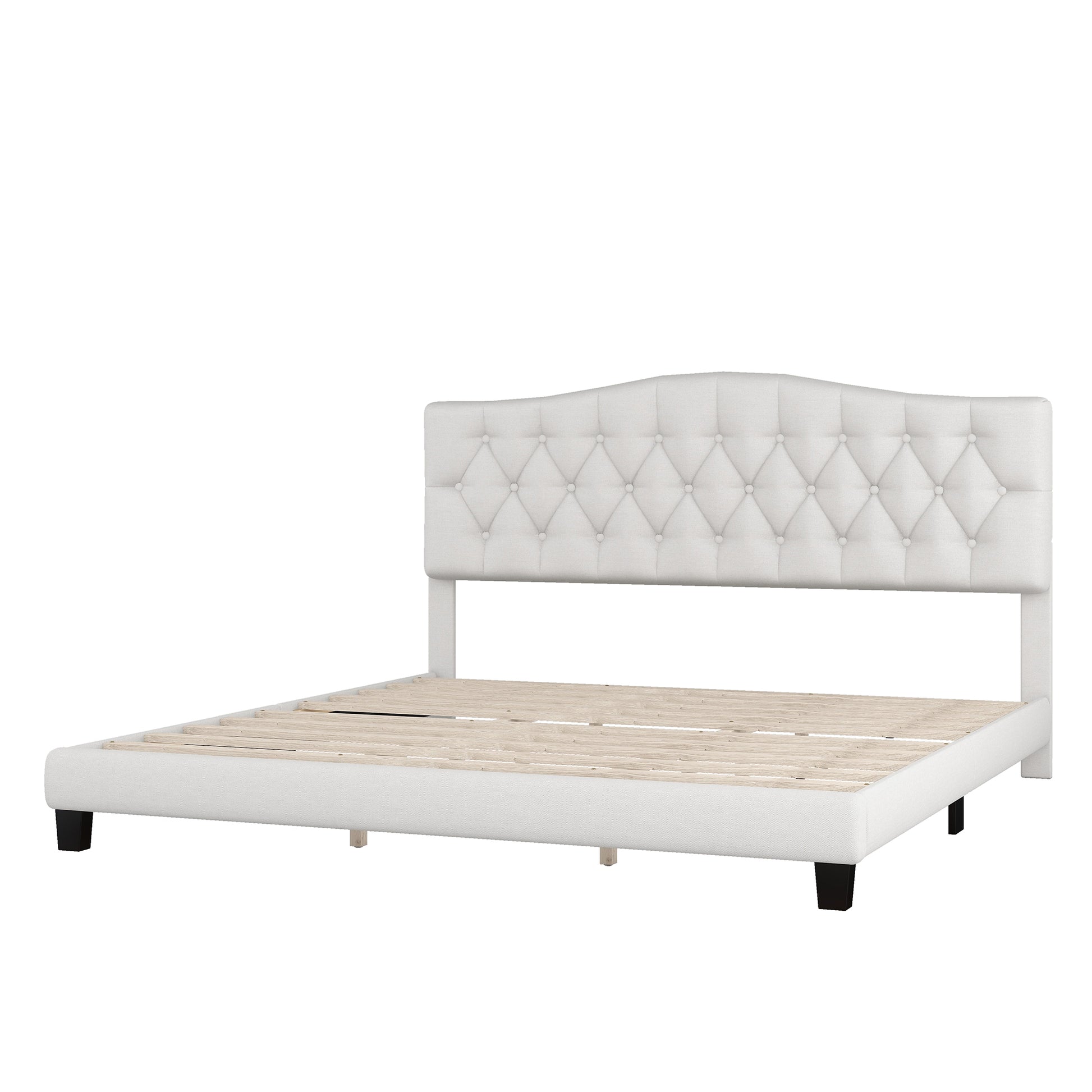 Upholstered Platform Bed With Saddle Curved Headboard And Diamond Tufted Details, King, Beige Beige Linen