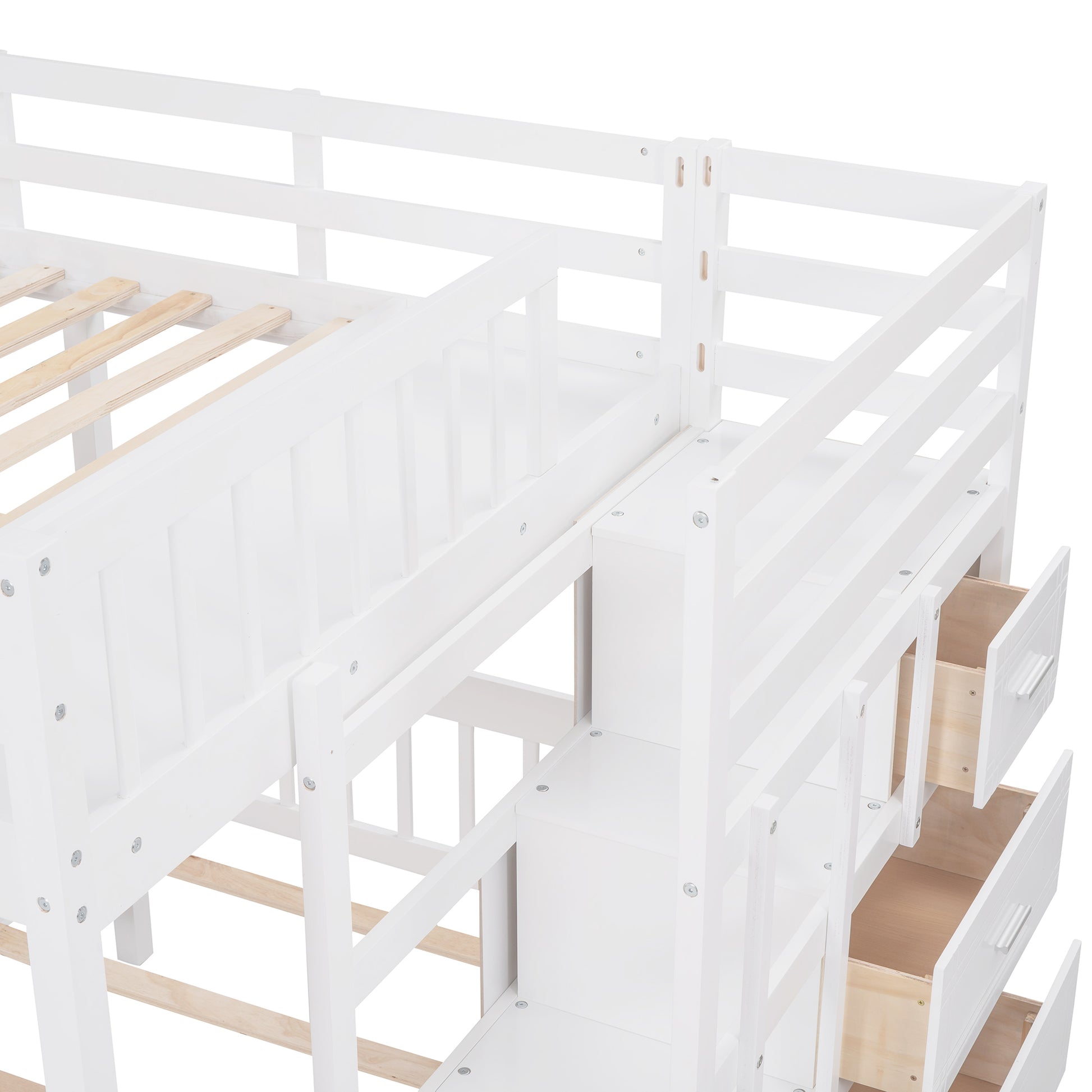 Full Over Twin & Twin Bunk Bed, Wood Triple Bunk Bed With Drawers And Guardrails White White Solid Wood