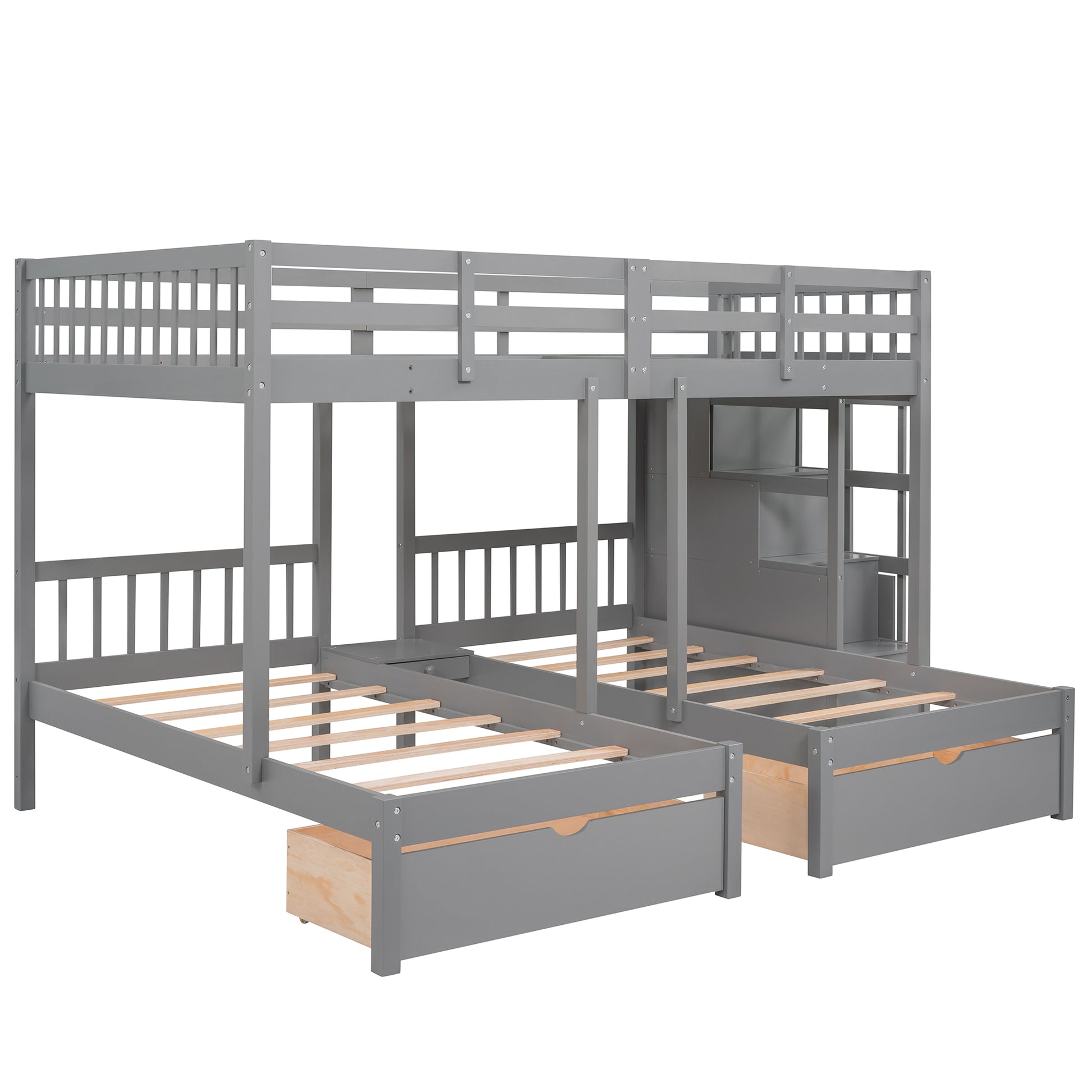 Full Over Twin & Twin Bunk Bed, Wood Triple Bunk Bed With Drawers And Guardrails Gray Gray Solid Wood