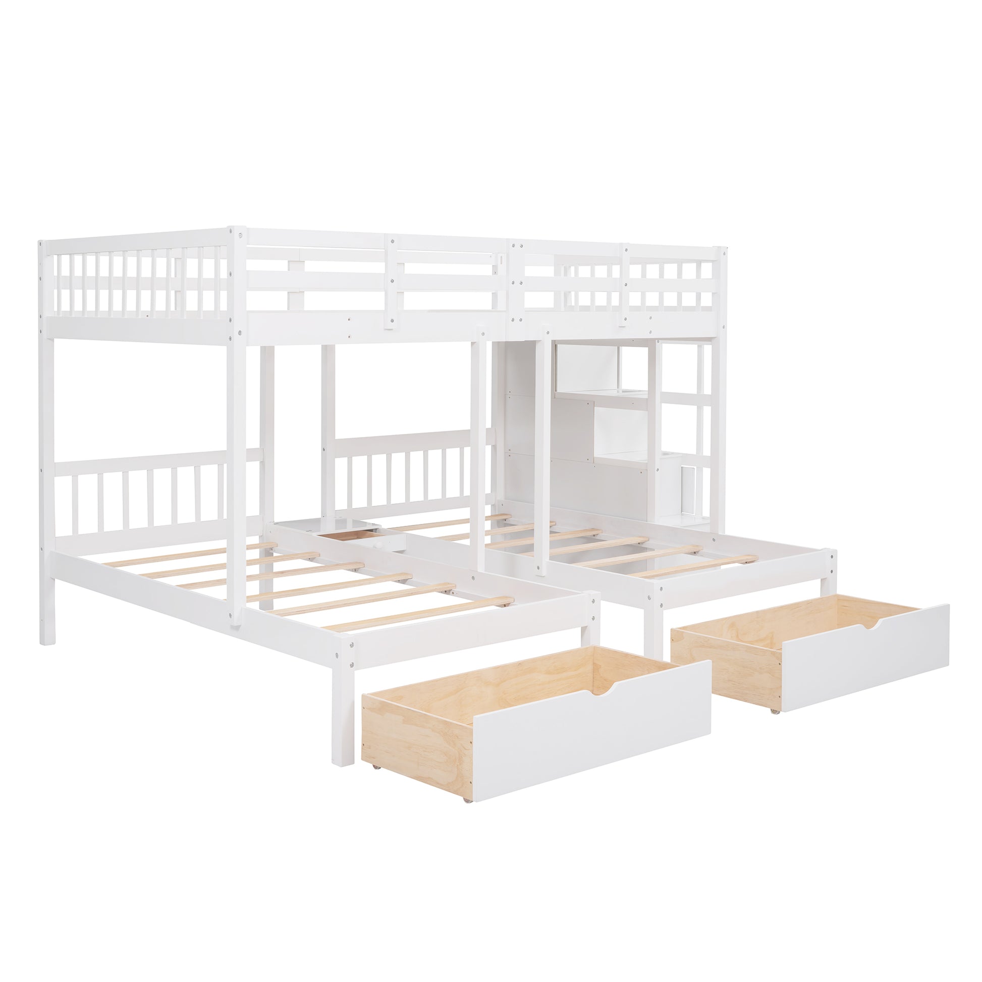 Full Over Twin & Twin Bunk Bed, Wood Triple Bunk Bed With Drawers And Guardrails White White Solid Wood