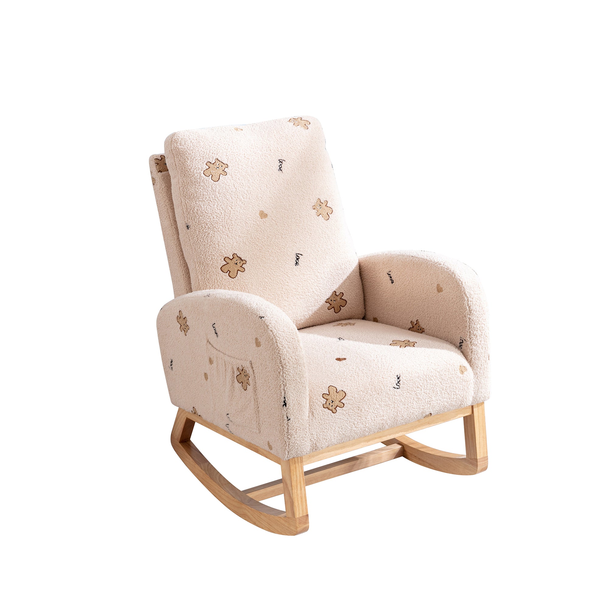 26.8"W Modern Rocking Chair For Nursery, Mid Century Accent Rocker Armchair With Side Pocket, Upholstered High Back Wooden Rocking Chair For Living Room Baby Kids Room Bedroom, Beige Boucle Beige Foam Boucle