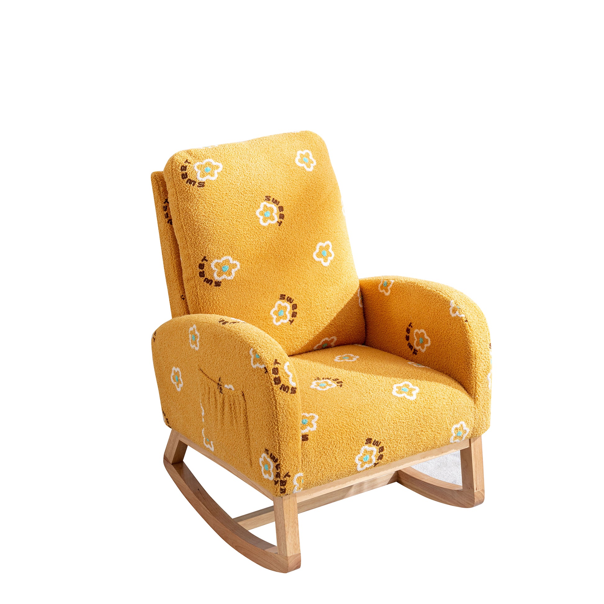 26.8"W Modern Rocking Chair For Nursery, Mid Century Accent Rocker Armchair With Side Pocket, Upholstered High Back Wooden Rocking Chair For Living Room Baby Kids Room Bedroom, Mustard Boucle Mustard Foam Boucle