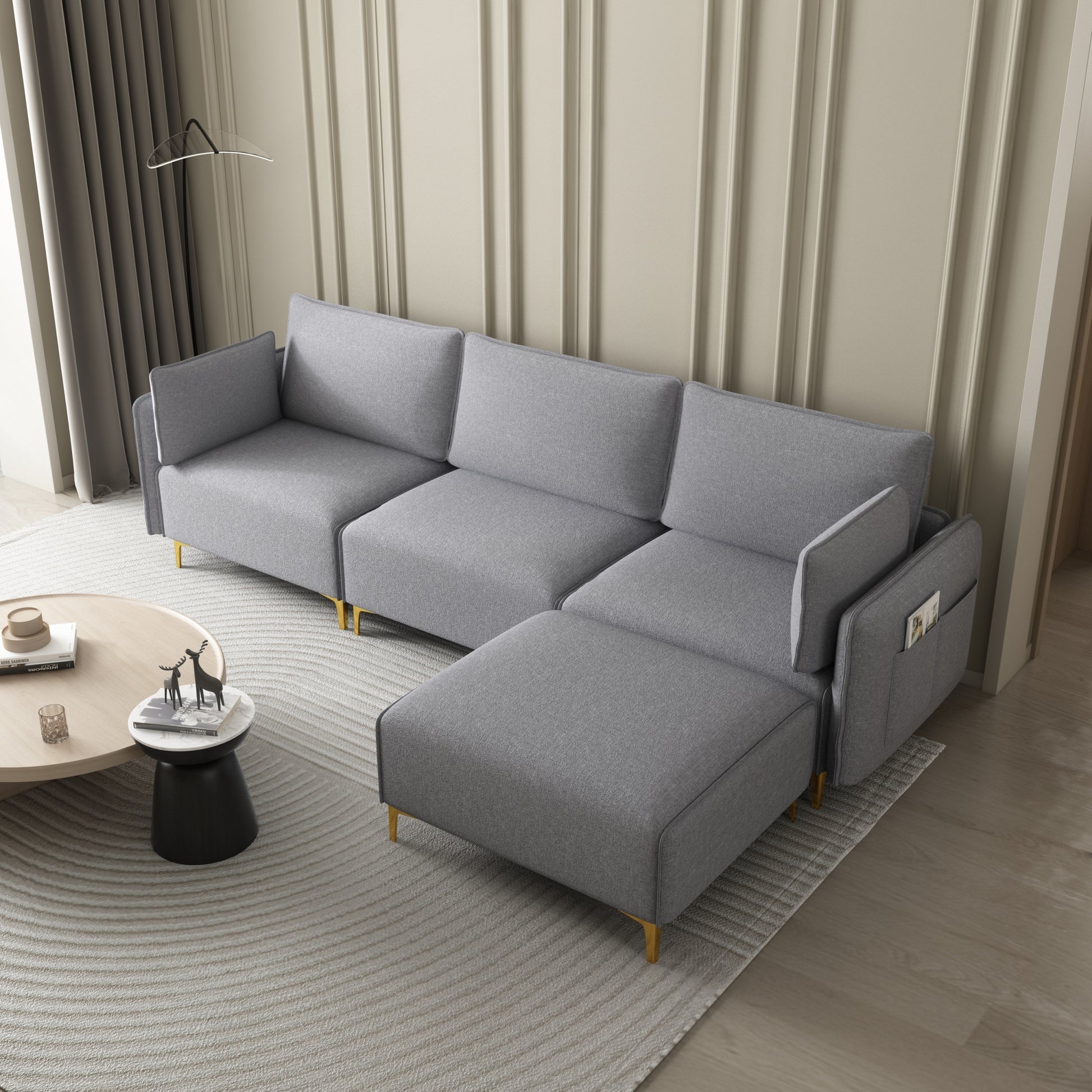 L Shape Sectional Sofa With Usb Grey Fabric Grey Foam Fabric