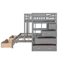 Full Over Twin & Twin Bunk Bed, Wood Triple Bunk Bed With Drawers And Guardrails Gray Gray Solid Wood