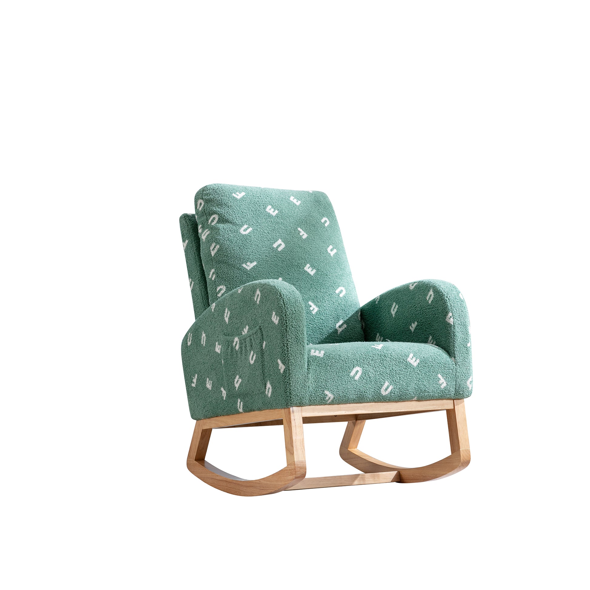 26.8"W Modern Rocking Chair For Nursery, Mid Century Accent Rocker Armchair With Side Pocket, Upholstered High Back Wooden Rocking Chair For Living Room Baby Kids Room Bedroom, Green Boucle Green Foam Boucle