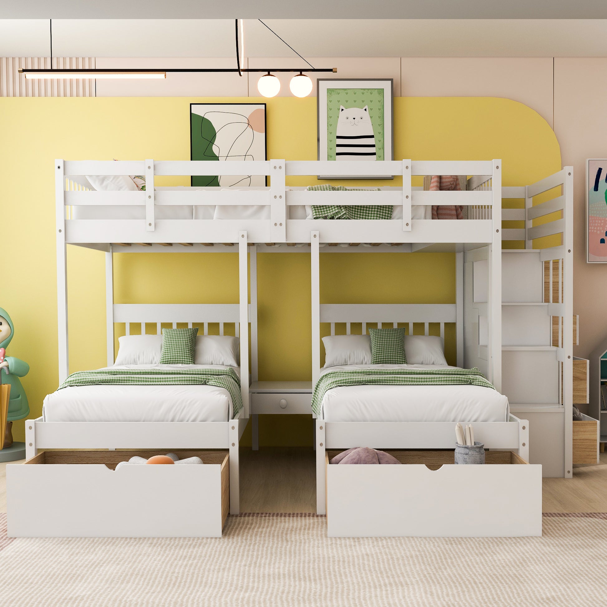 Full Over Twin & Twin Bunk Bed, Wood Triple Bunk Bed With Drawers And Guardrails White White Solid Wood