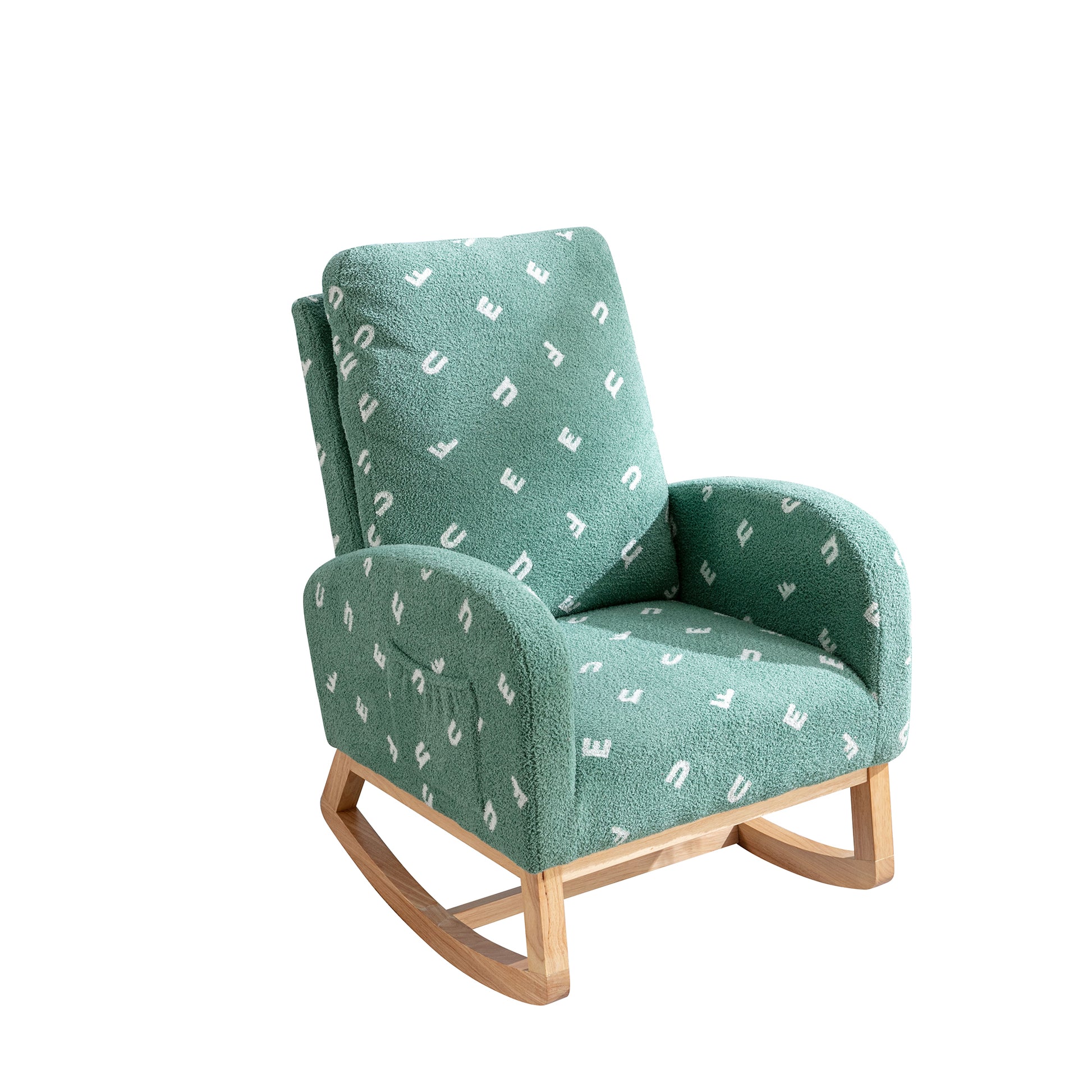 26.8"W Modern Rocking Chair For Nursery, Mid Century Accent Rocker Armchair With Side Pocket, Upholstered High Back Wooden Rocking Chair For Living Room Baby Kids Room Bedroom, Green Boucle Green Foam Boucle